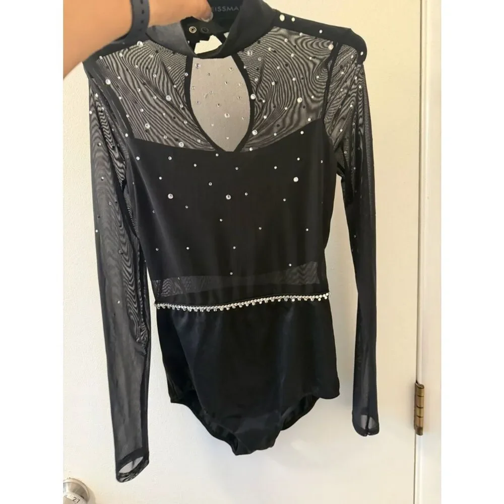 WEISSMAN Dance Costume black rhinestone crystal leotard illusion BOOM 14096 SA